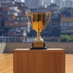 Troféu em pódio vazio em ginásio brasileiro, com fundo de favela e prédios modernos representando desigualdades no Prêmio Isabel Salgado.