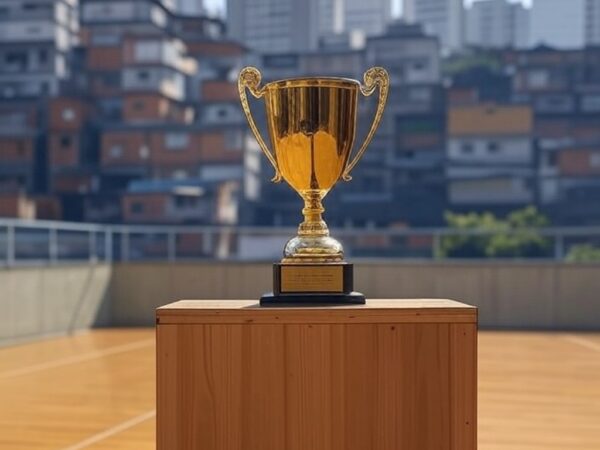 Troféu em pódio vazio em ginásio brasileiro, com fundo de favela e prédios modernos representando desigualdades no Prêmio Isabel Salgado.