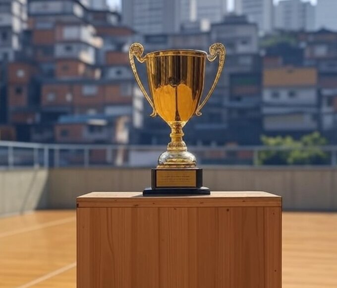 Troféu em pódio vazio em ginásio brasileiro, com fundo de favela e prédios modernos representando desigualdades no Prêmio Isabel Salgado.
