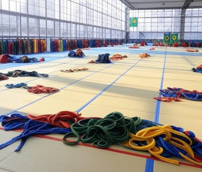 Ginásio em São Paulo com tatames e equipamentos de artes marciais no Festival Olga Kos para inclusão esportiva.