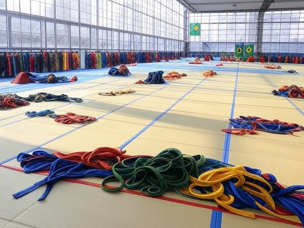 Ginásio em São Paulo com tatames e equipamentos de artes marciais no Festival Olga Kos para inclusão esportiva.