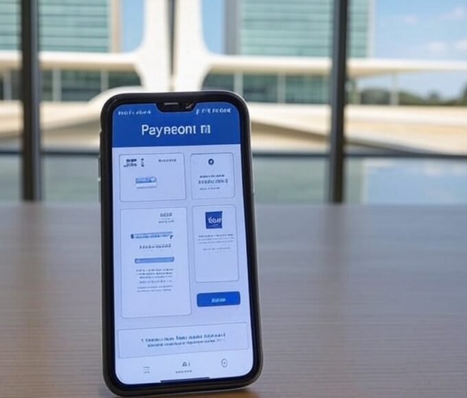 Tela de computador com alertas de golpes online para pagamentos de contas da Caesb no DF, com fundo de Brasília.