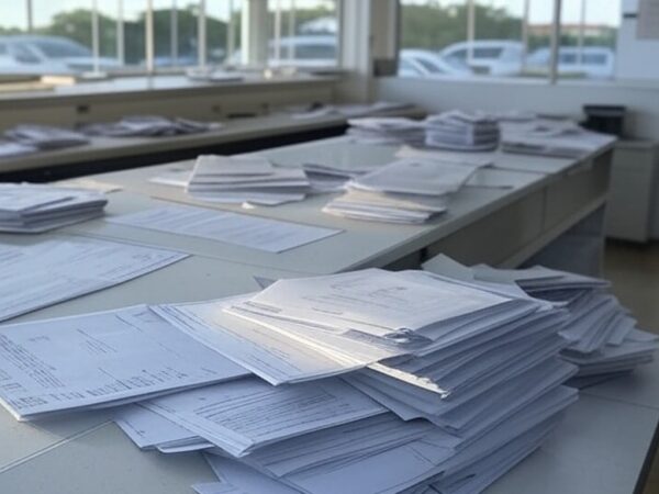 Edifício da Caesb em Brasília com relógios de horários ampliados e tubulações expostas, destacando ineficiência no atendimento.