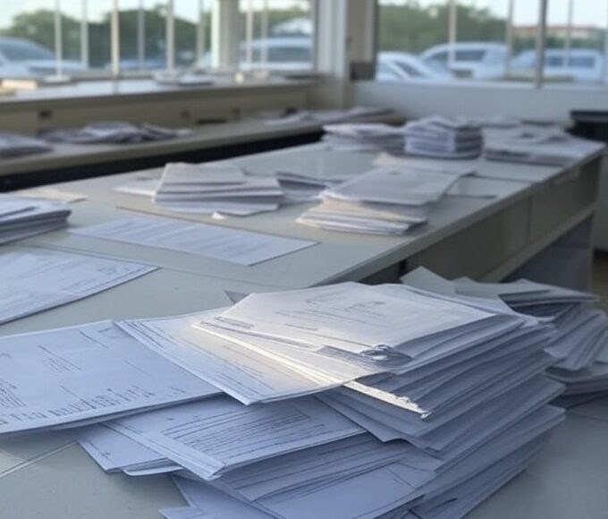 Edifício da Caesb em Brasília com relógios de horários ampliados e tubulações expostas, destacando ineficiência no atendimento.