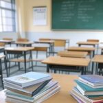 Sala de aula vazia em escola brasileira com pilha de livros e calendário de férias, representando proposta de aprendizado em férias e risco de sobrecarga.