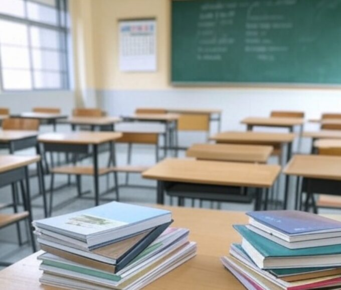 Sala de aula vazia em escola brasileira com pilha de livros e calendário de férias, representando proposta de aprendizado em férias e risco de sobrecarga.