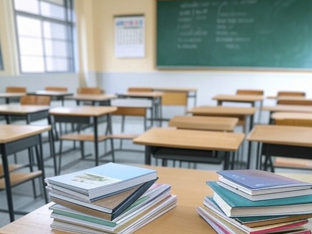 Sala de aula vazia em escola brasileira com pilha de livros e calendário de férias, representando proposta de aprendizado em férias e risco de sobrecarga.