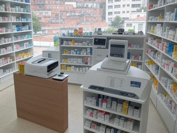 Farmácia brasileira com remédios e equipamentos de saúde personalizada, contrastando com desigualdades urbanas em São Paulo.