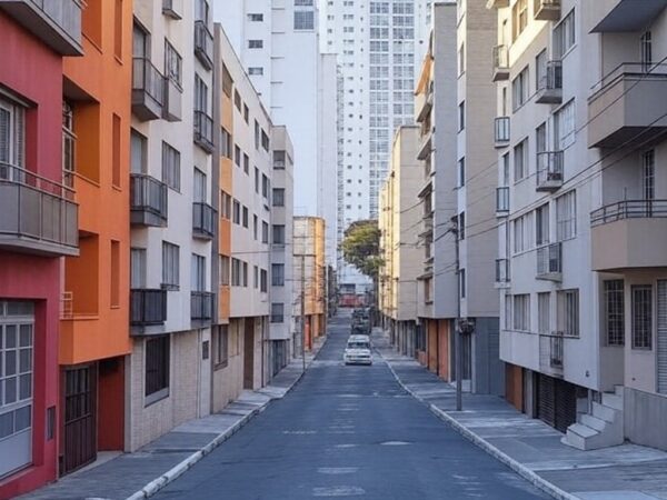 Rua em São Paulo com prédios residenciais, representando alta nos aluguéis e falhas no mercado imobiliário brasileiro.