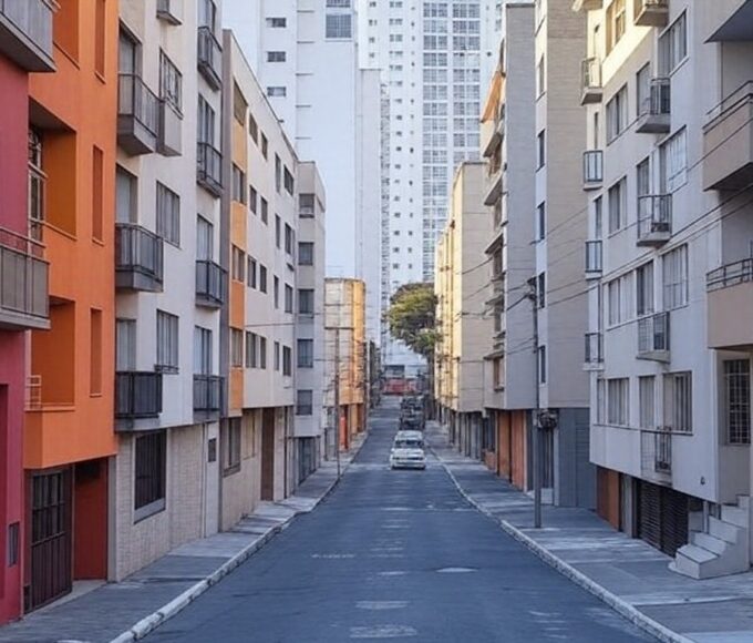 Rua em São Paulo com prédios residenciais, representando alta nos aluguéis e falhas no mercado imobiliário brasileiro.