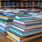 Pilha de livros em biblioteca brasileira representando proposta de leitura nas férias.