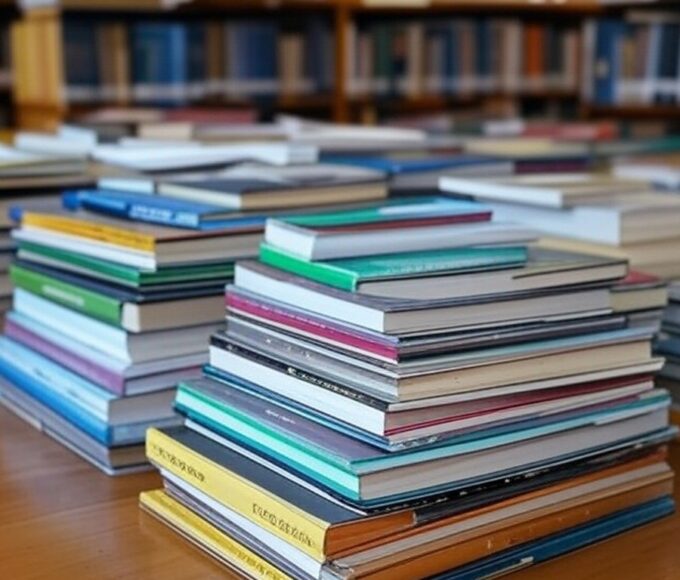 Pilha de livros em biblioteca brasileira representando proposta de leitura nas férias.