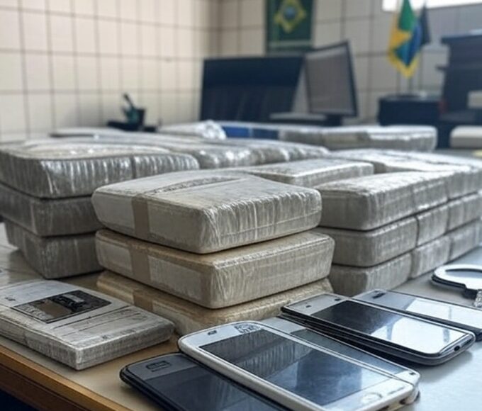 Mesa com itens apreendidos de suspeitos de tráfico, incluindo drogas e celulares, em delegacia brasileira.