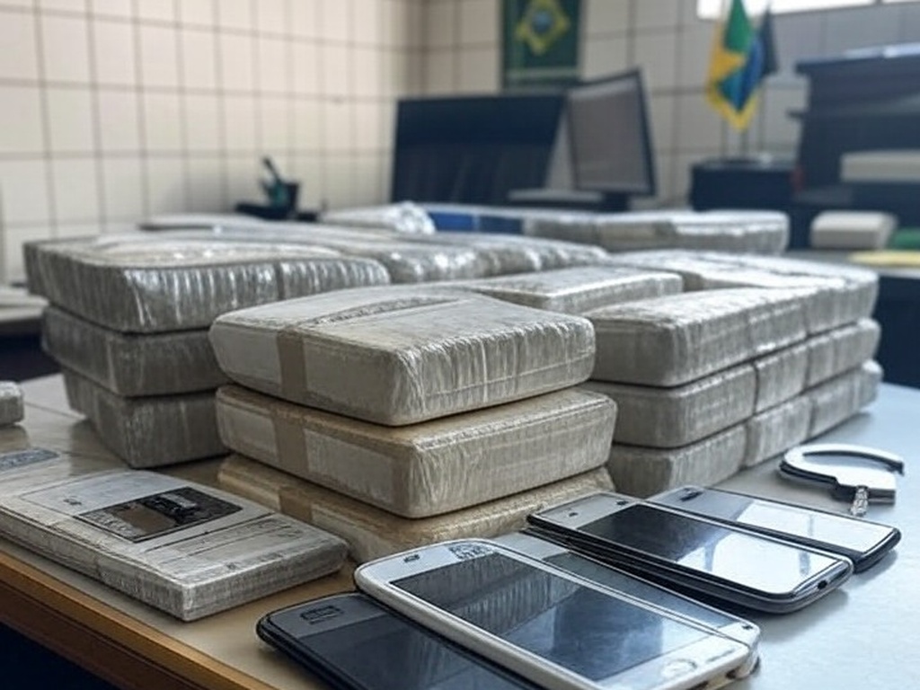 Mesa com itens apreendidos de suspeitos de tráfico, incluindo drogas e celulares, em delegacia brasileira.
