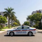 Viatura da Polícia Civil em rua de Sobradinho II, Distrito Federal, simbolizando prisão de suspeitos por homicídio.