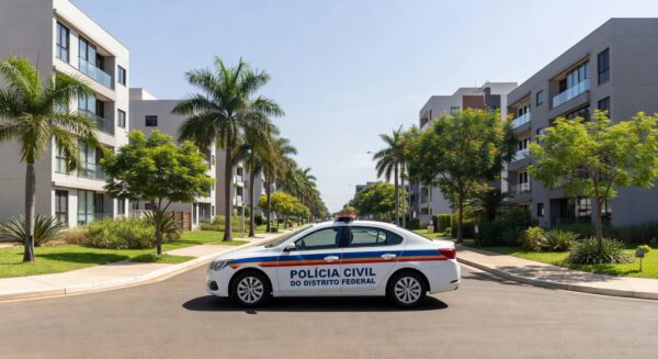 Viatura da Polícia Civil em rua de Sobradinho II, Distrito Federal, simbolizando prisão de suspeitos por homicídio.