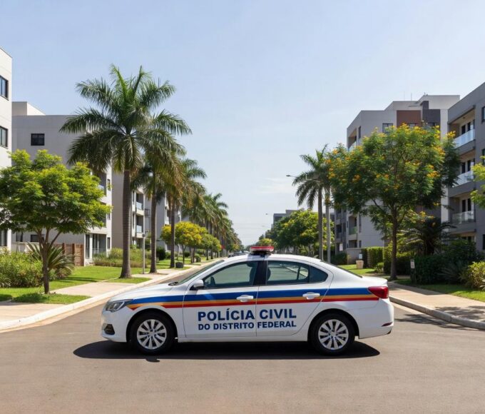 Viatura da Polícia Civil em rua de Sobradinho II, Distrito Federal, simbolizando prisão de suspeitos por homicídio.