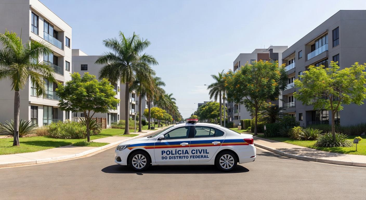 Viatura da Polícia Civil em rua de Sobradinho II, Distrito Federal, simbolizando prisão de suspeitos por homicídio.