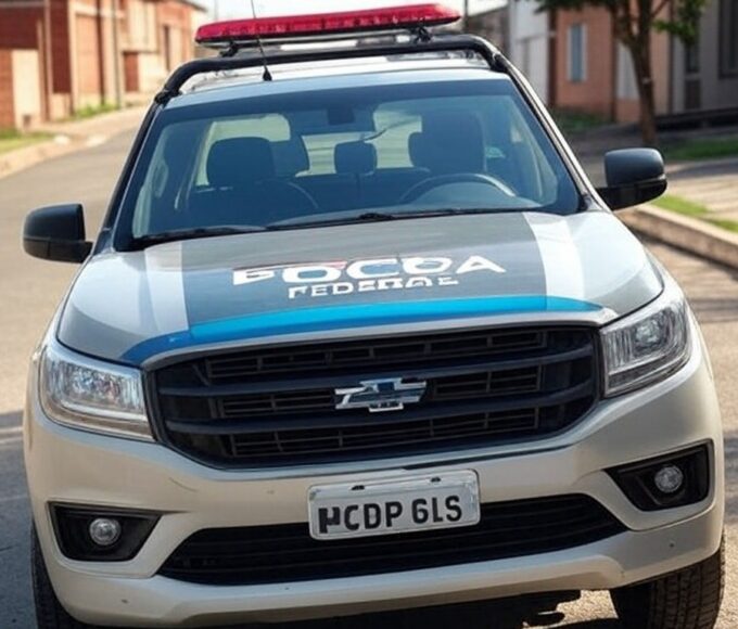 Viatura da polícia estacionada em rua de Samambaia, Distrito Federal, Brasil, em cena de detenção por suspeita de sequestro.