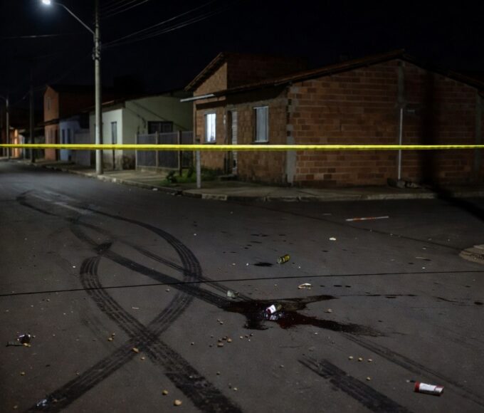 Rua vazia à noite em Sobradinho, DF, com marcas de briga no chão, representando tragédia local.