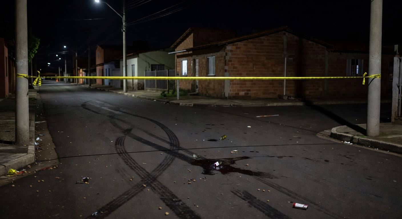 Rua vazia à noite em Sobradinho, DF, com marcas de briga no chão, representando tragédia local.