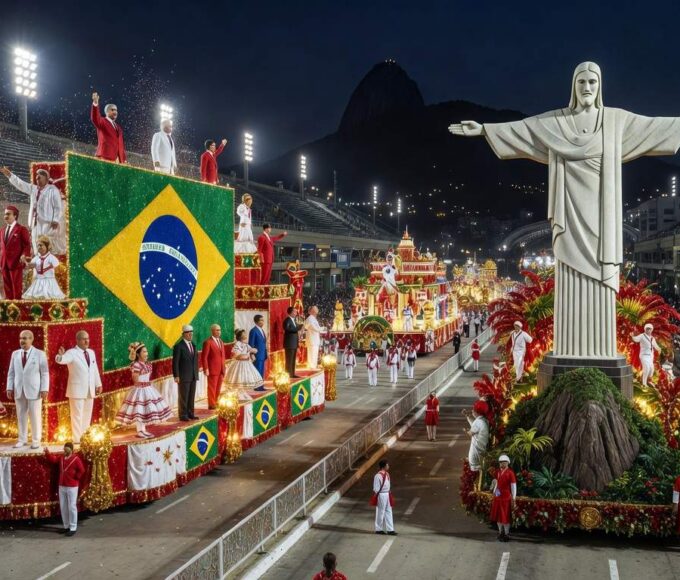 Desfile de escola de samba no Sambódromo do Rio de Janeiro com carros alegóricos temáticos em homenagem política, criticado pela oposição.