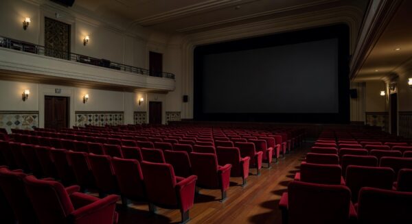 Sala de cinema vazia em São Paulo representando legado de ator falecido em filme clássico.