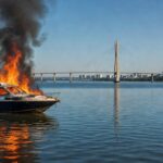 Lancha pegando fogo no Lago Paranoá, com chamas e fumaça, em Brasília.