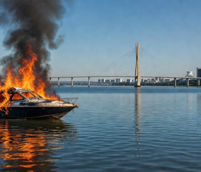 Lancha pegando fogo no Lago Paranoá, com chamas e fumaça, em Brasília.