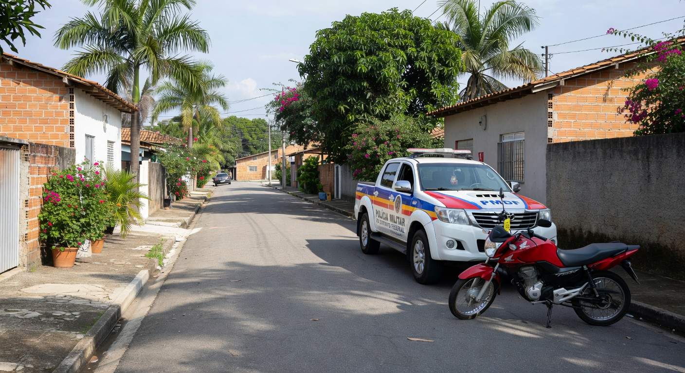 Viatura da PMDF e motocicleta furtada recuperada em rua de Samambaia, Distrito Federal.