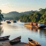 Vista do rio Tapajós com barcos de hidrovias na Amazônia, após revogação de decreto de privatização por Lula devido a protestos indígenas.