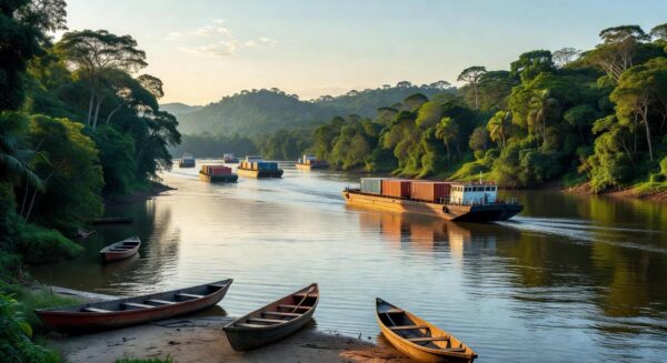 Vista do rio Tapajós com barcos de hidrovias na Amazônia, após revogação de decreto de privatização por Lula devido a protestos indígenas.