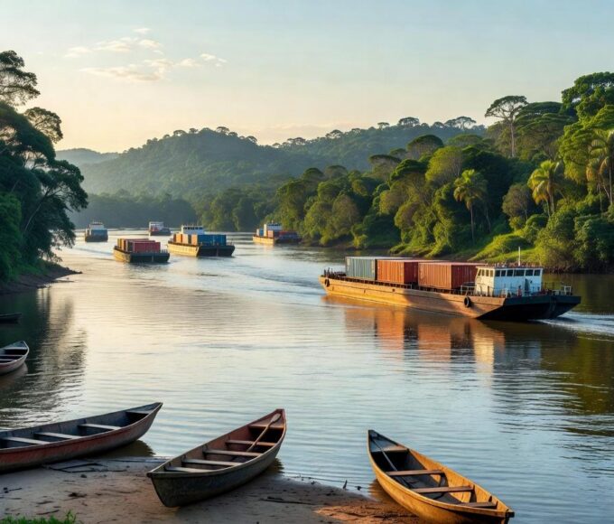 Vista do rio Tapajós com barcos de hidrovias na Amazônia, após revogação de decreto de privatização por Lula devido a protestos indígenas.