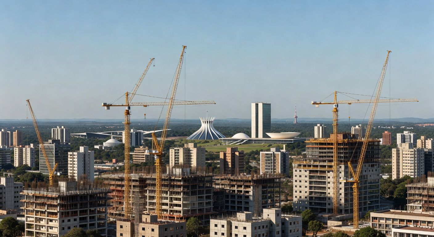 Vista de edifícios em construção no skyline de Brasília, representando o mercado imobiliário do DF com movimentação de R$ 4,85 bilhões.