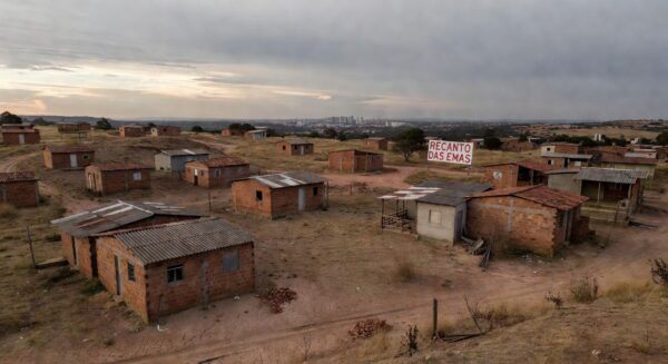 Área residencial precária em Recanto das Emas, DF, com casas aglomeradas e igreja ao fundo, destacando déficit habitacional e lentidão da CLDF.