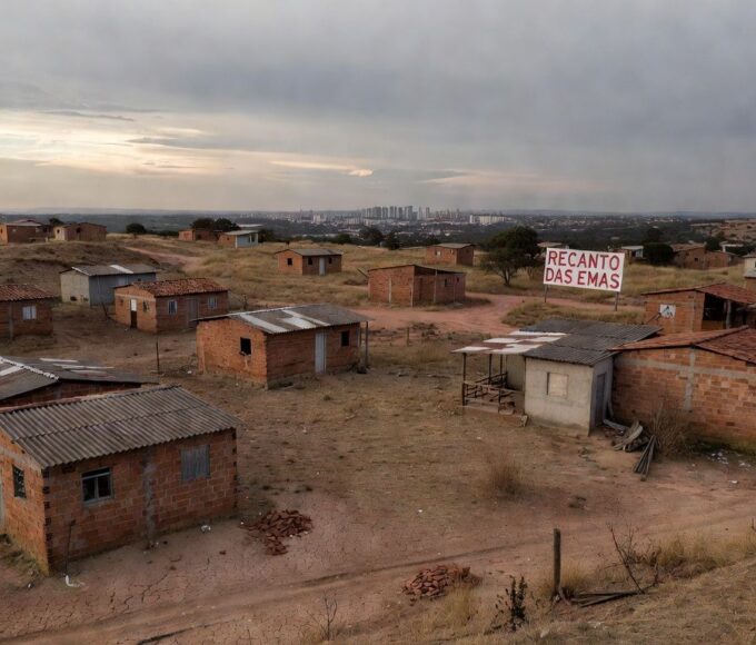 Área residencial precária em Recanto das Emas, DF, com casas aglomeradas e igreja ao fundo, destacando déficit habitacional e lentidão da CLDF.