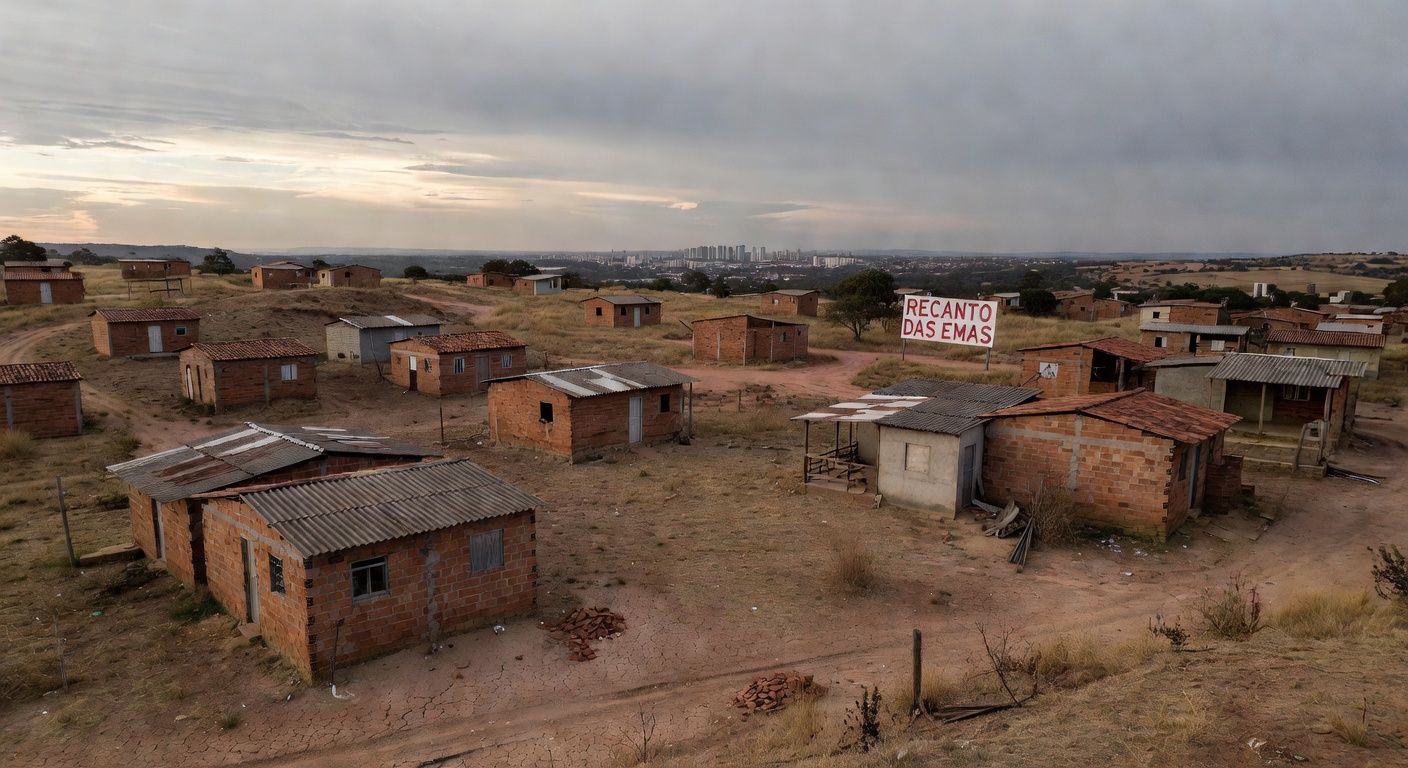 Área residencial precária em Recanto das Emas, DF, com casas aglomeradas e igreja ao fundo, destacando déficit habitacional e lentidão da CLDF.