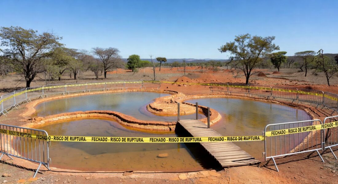 Piscinas da Água Mineral fechadas por risco de ruptura no Parque Nacional de Brasília, com barreiras e paisagem de cerrado.