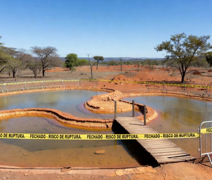 Piscinas da Água Mineral fechadas por risco de ruptura no Parque Nacional de Brasília, com barreiras e paisagem de cerrado.