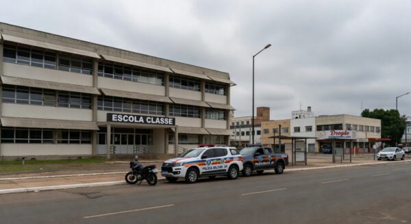 Viatura da Polícia Militar do DF em frente a escola em Brasília, representando afastamento de policiais por punição a alunos com flexões.