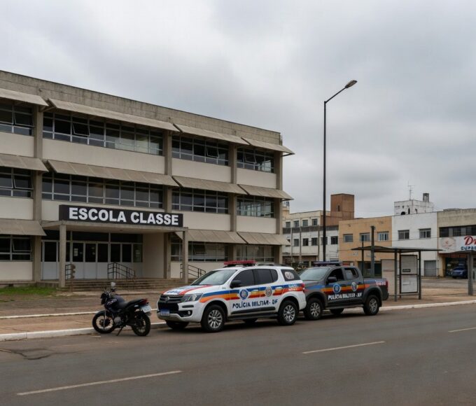 Viatura da Polícia Militar do DF em frente a escola em Brasília, representando afastamento de policiais por punição a alunos com flexões.