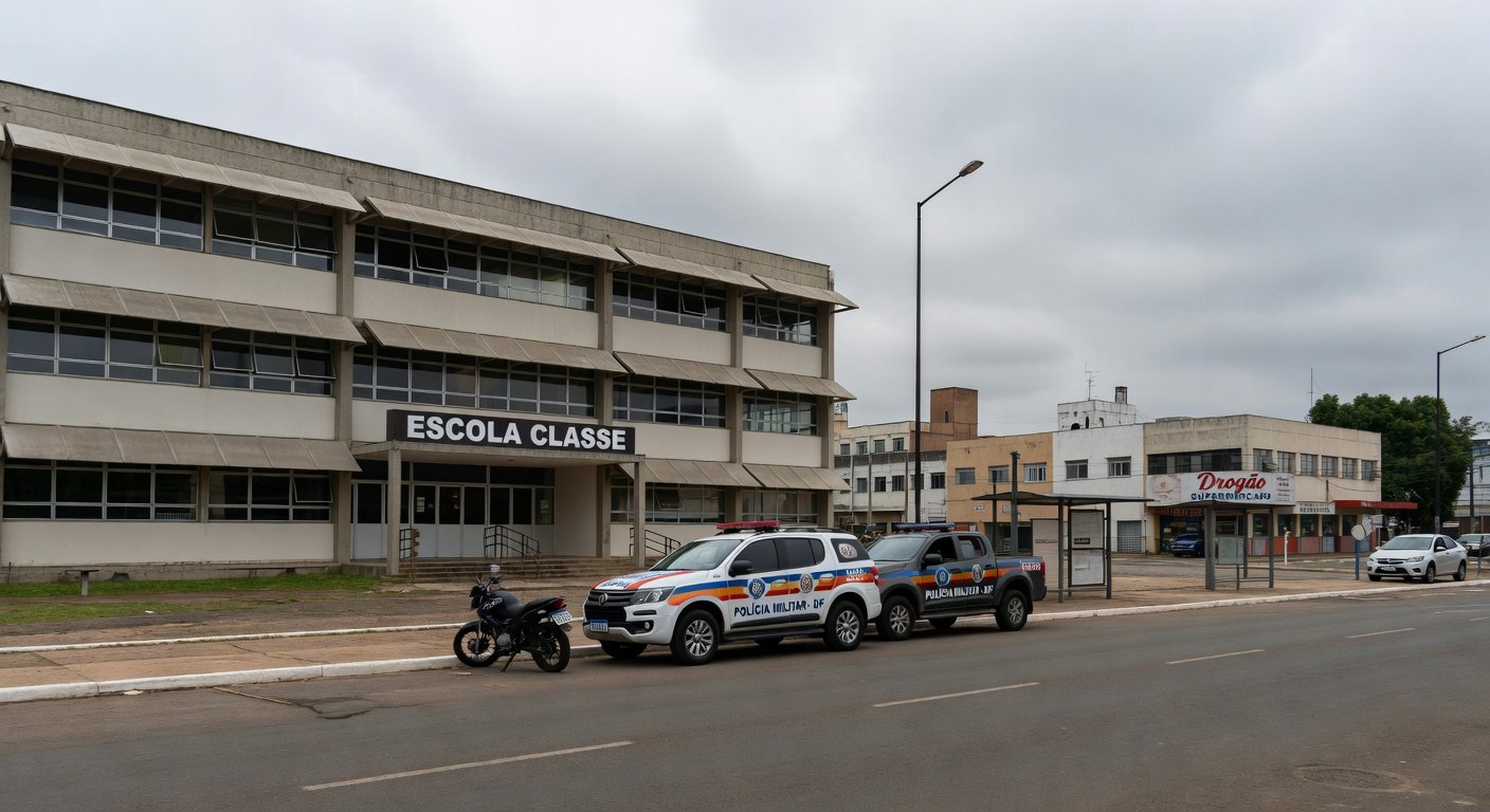 Viatura da Polícia Militar do DF em frente a escola em Brasília, representando afastamento de policiais por punição a alunos com flexões.