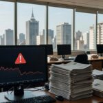 Tela de computador com alerta de IA recusando gerar conteúdo por falta de fatos, alertando contra fake news, em escritório brasileiro.