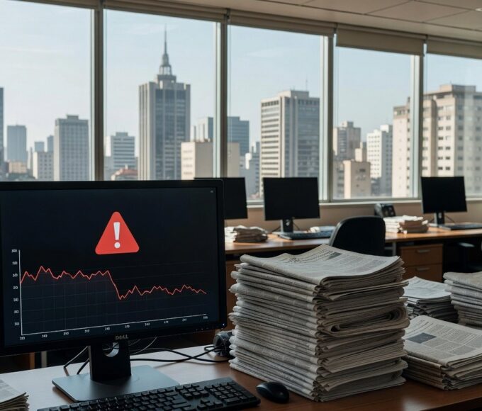 Tela de computador com alerta de IA recusando gerar conteúdo por falta de fatos, alertando contra fake news, em escritório brasileiro.