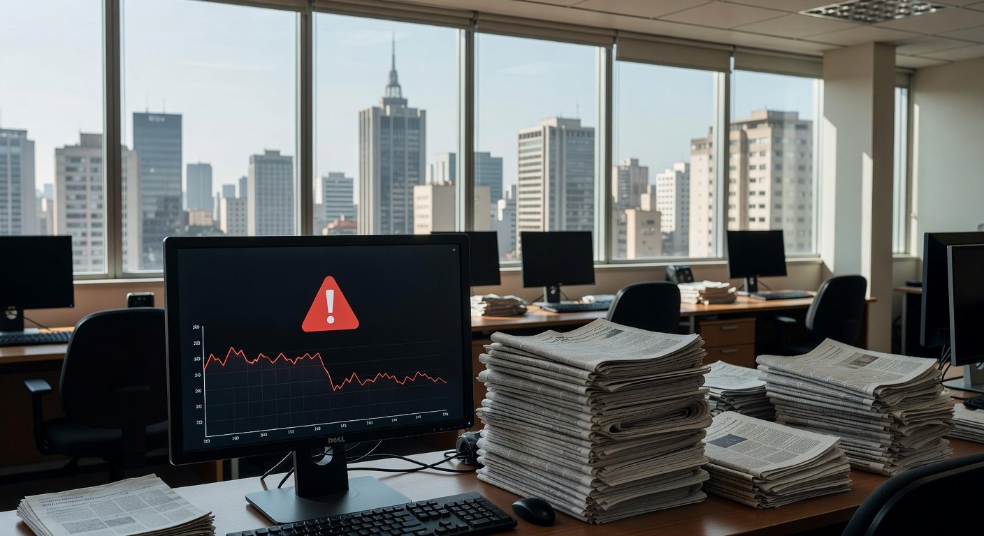 Tela de computador com alerta de IA recusando gerar conteúdo por falta de fatos, alertando contra fake news, em escritório brasileiro.