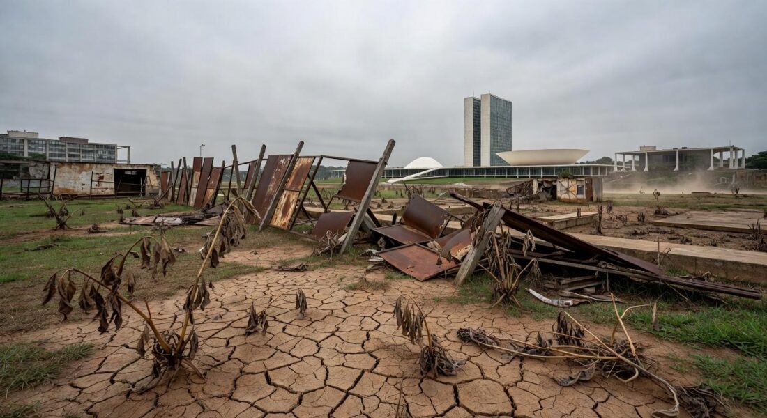Horta urbana no DF com plantações precárias entre edifícios, destacando insuficiências na agricultura urbana.