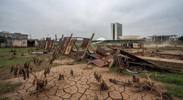 Horta urbana no DF com plantações precárias entre edifícios, destacando insuficiências na agricultura urbana.
