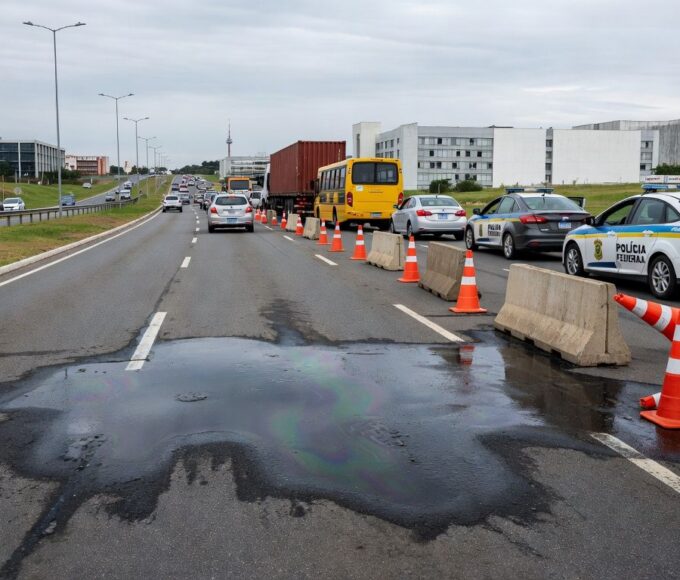Derramamento de óleo interdita pista entre Samambaia e Taguatinga em Brasília, com cones e viaturas no local.