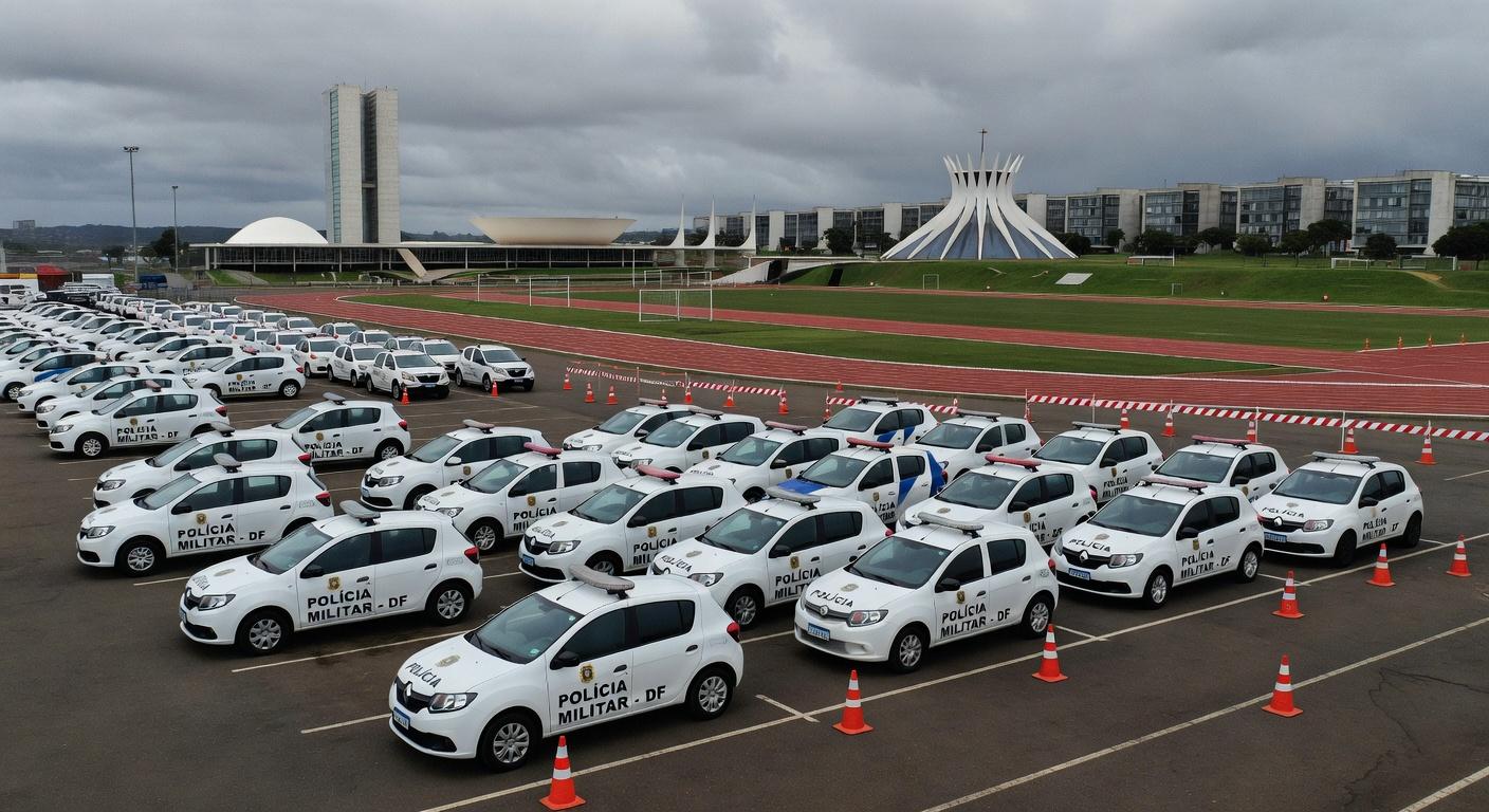 Viatura da PMDF em frente ao estádio olímpico em Brasília durante crise de segurança no DF.