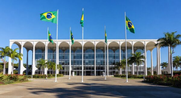 Edifício do Palácio Itamaraty em Brasília, sede do Ministério das Relações Exteriores do Brasil, com bandeiras nacionais.